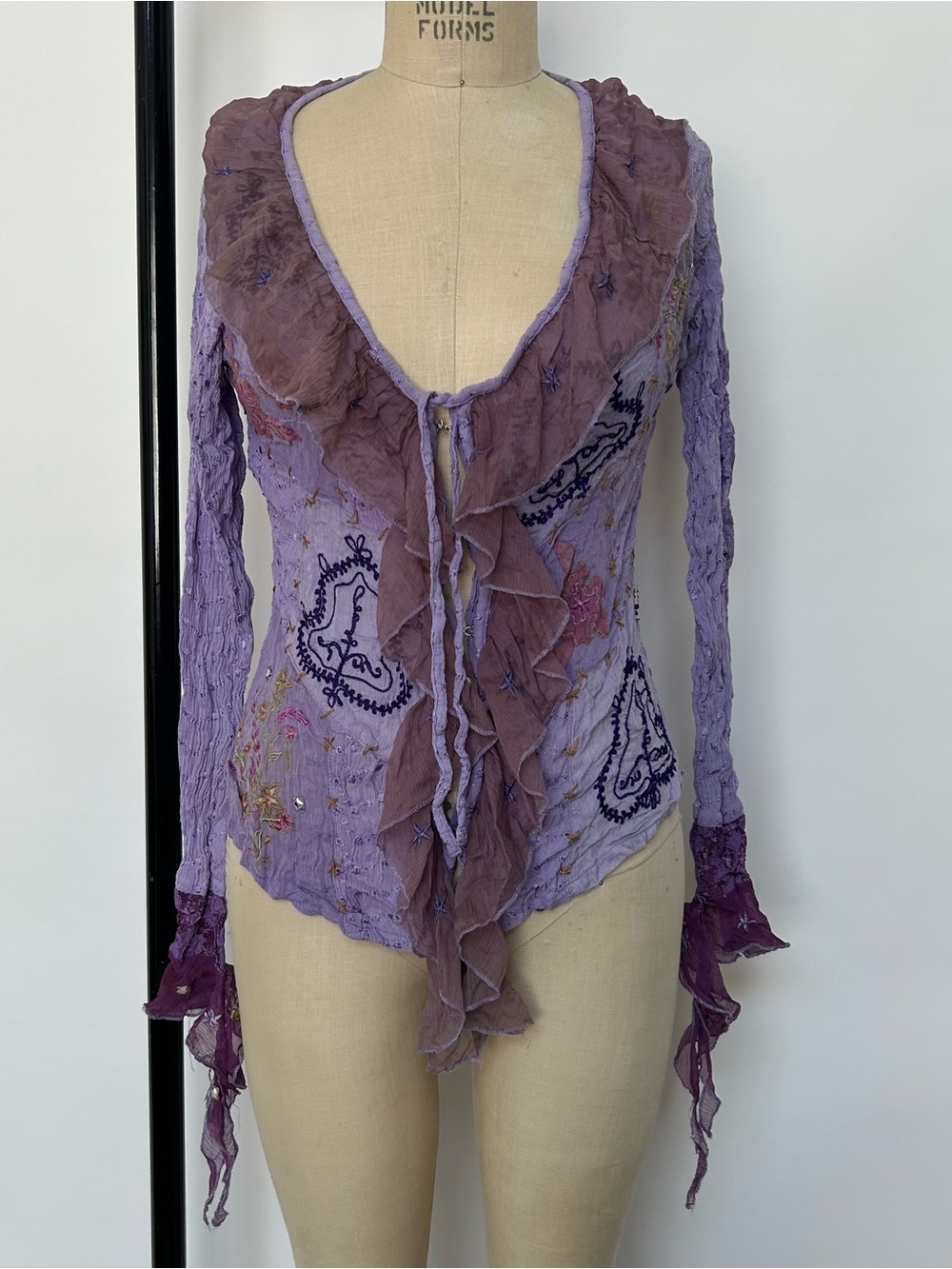 Lavender Ruffle-Tie Embroidered Women's Blouse